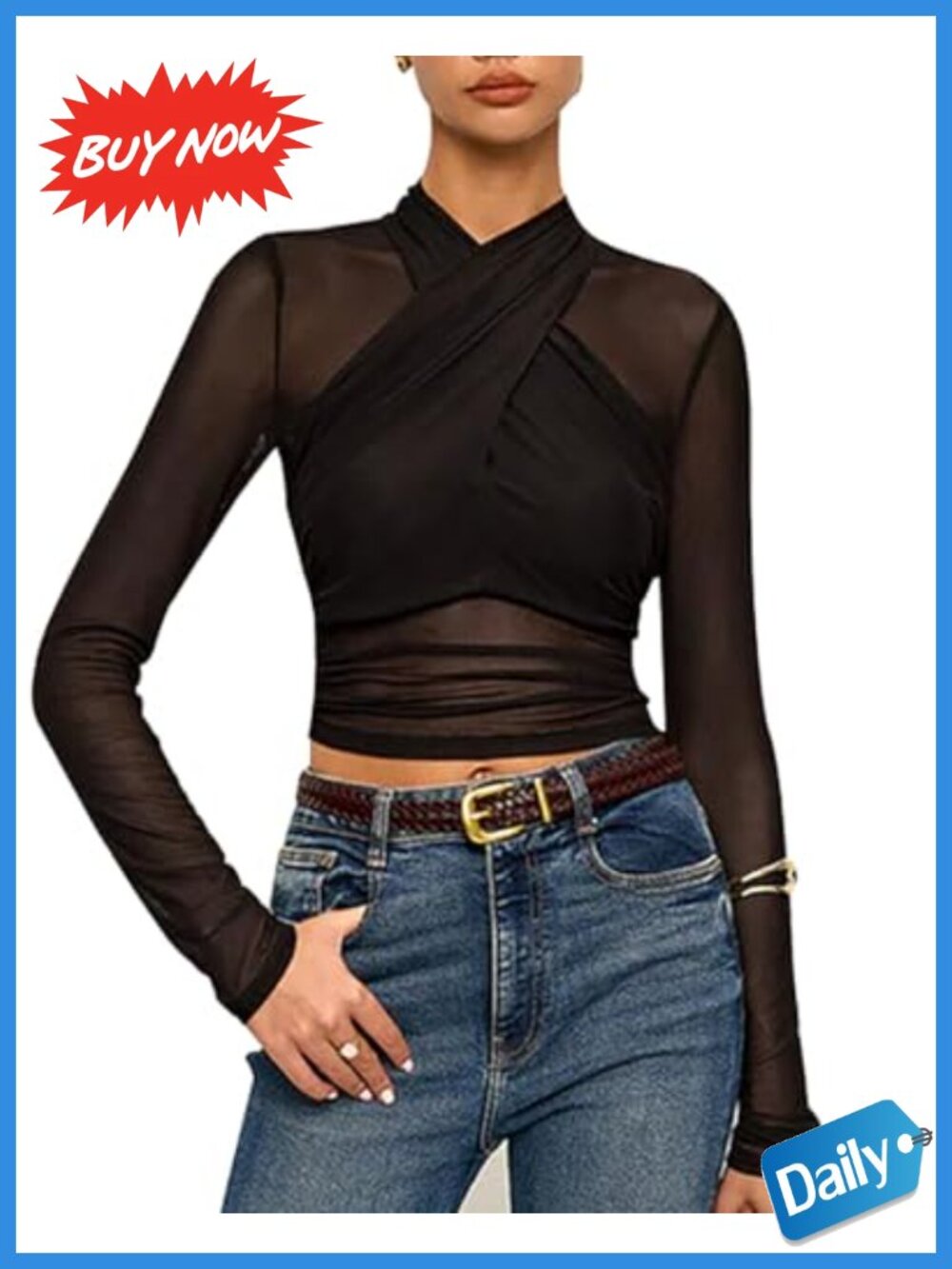 Long Sleeve Mesh Crop Top Criss Cross See Through Ruched Slim Fit Blouse